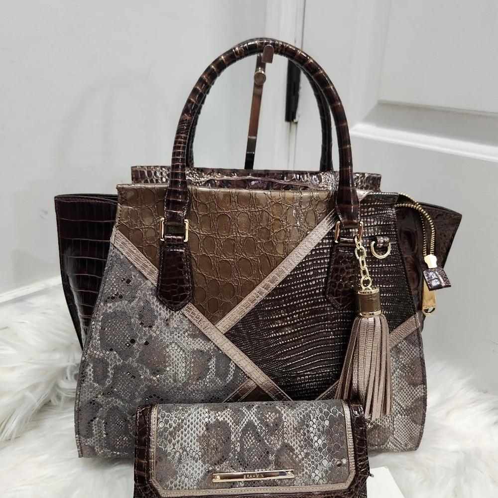 🖤▪️BRAHMIN▪️ TAUPE Tempera PRISCILLA Croc Satchel  Python Patchwork + Wallet